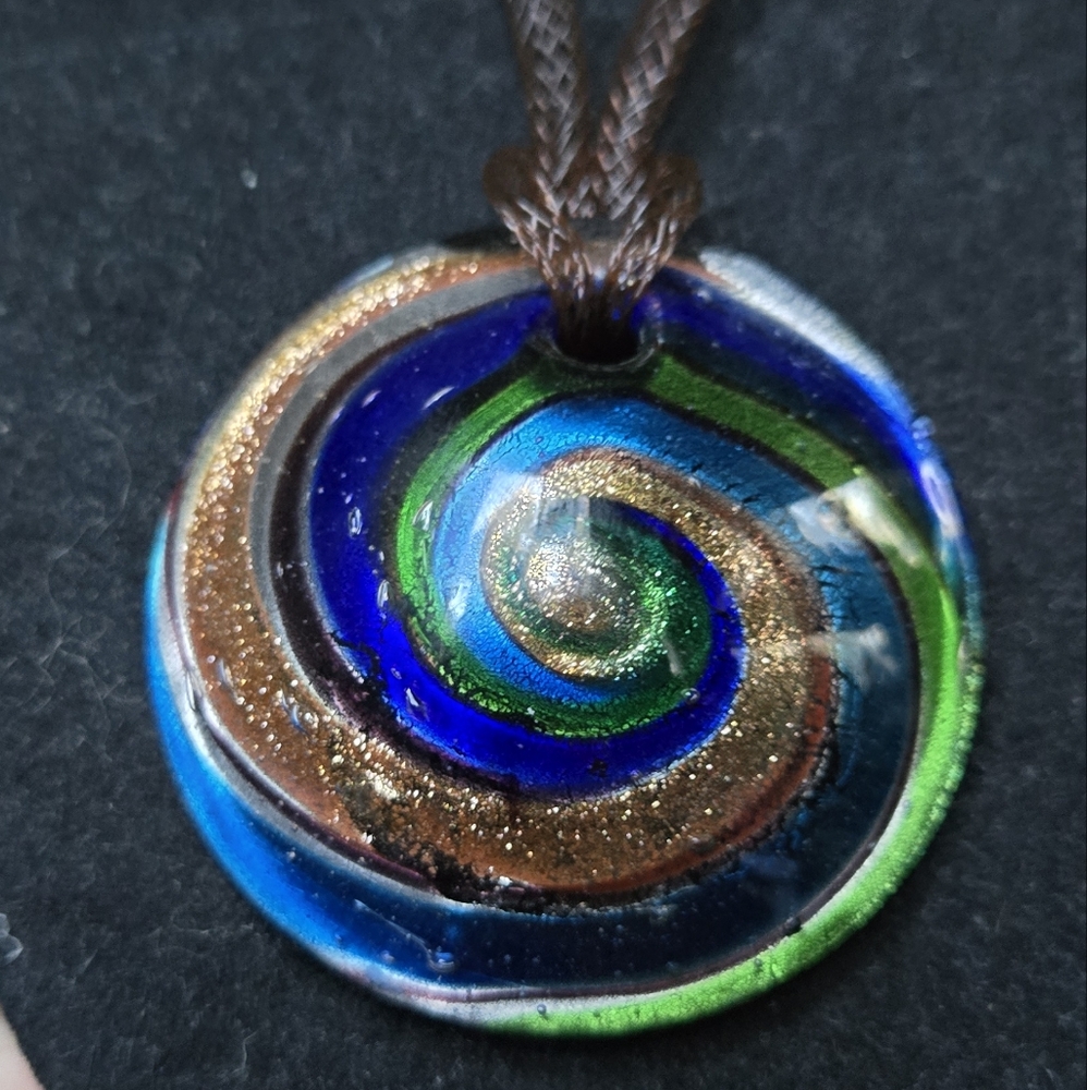 Hand blown glass Vibrant Spiral Pendant Necklace in Blue Green & Gold - Picture 5 of 5